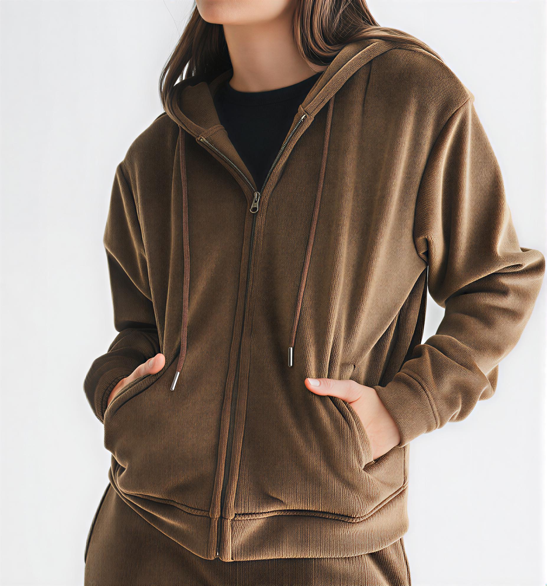 Women’s Soft Luxe Corduroy Zip-Up Hoodie – Brown/Black Ribbed Lounge Jacket with Drawstring & Pockets