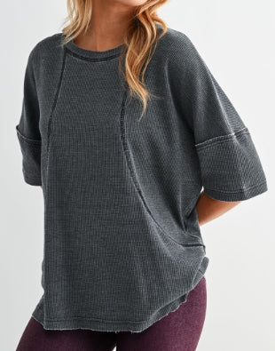 Women’s Mineral Wash Waffle Knit Tee – Mauve Cotton Blend Short Sleeve Top with Seam Detail