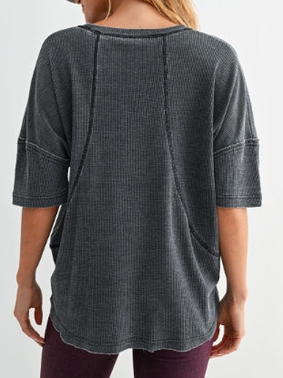 Women’s Mineral Wash Waffle Knit Tee – Mauve Cotton Blend Short Sleeve Top with Seam Detail