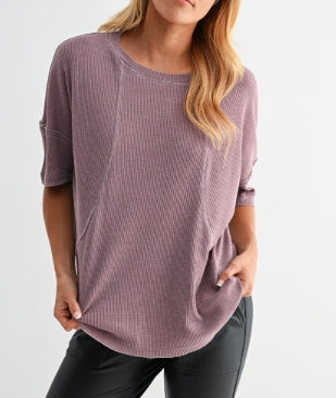 Women’s Mineral Wash Waffle Knit Tee – Mauve Cotton Blend Short Sleeve Top with Seam Detail