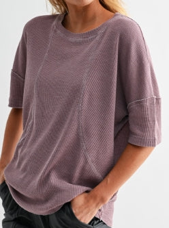 Women’s Mineral Wash Waffle Knit Tee – Mauve Cotton Blend Short Sleeve Top with Seam Detail