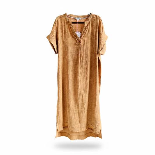Camel Mineral wash midi dress frayed Camel