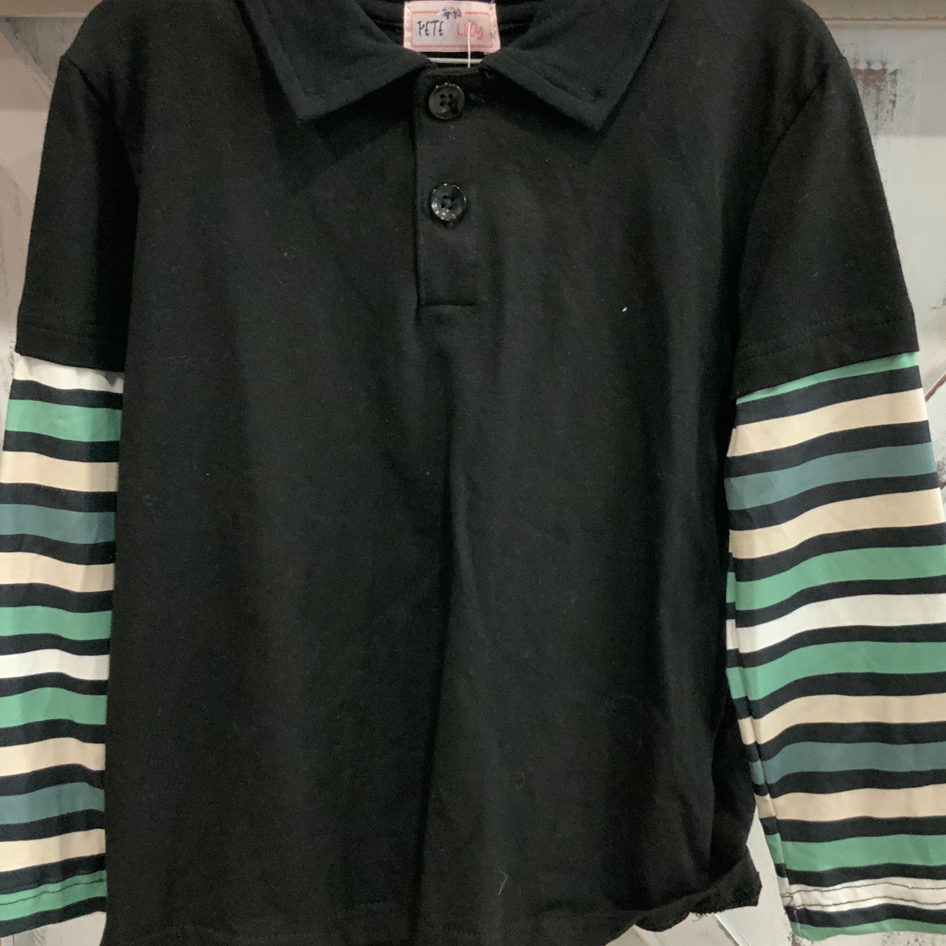 P & L Black Shirt green stripe sleeves
