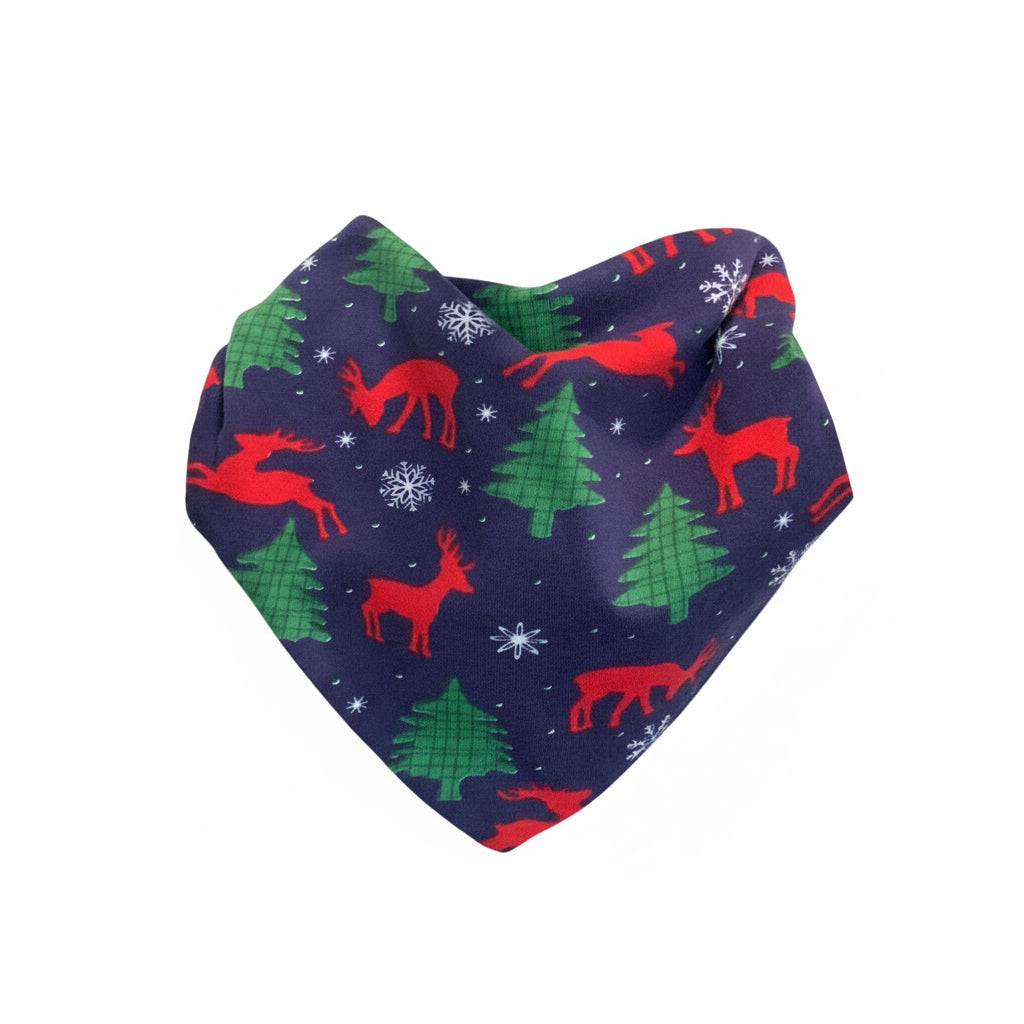 Christmas Dog Bandana – Navy Forest Print with Reindeer, Trees & Snowflakes