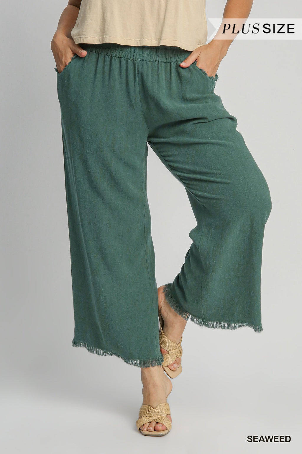 Seaweed Linen Blend Wide-Leg Pants – Frayed Hem + Pockets (Plus Size)
