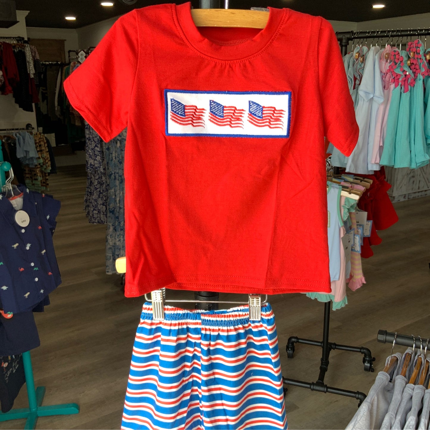 Boy’s Red Flag Shirt and Striped Shorts
