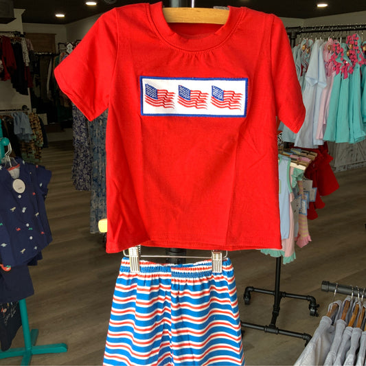 Boy’s Red Flag Shirt and Striped Shorts