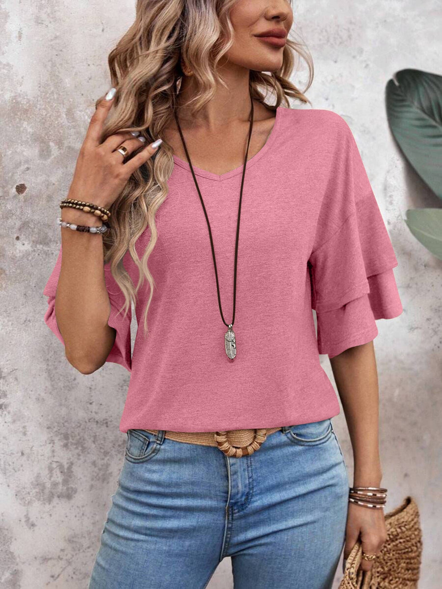 Solid Color V-neck Double-layer Sleeve Short Sleeved Top