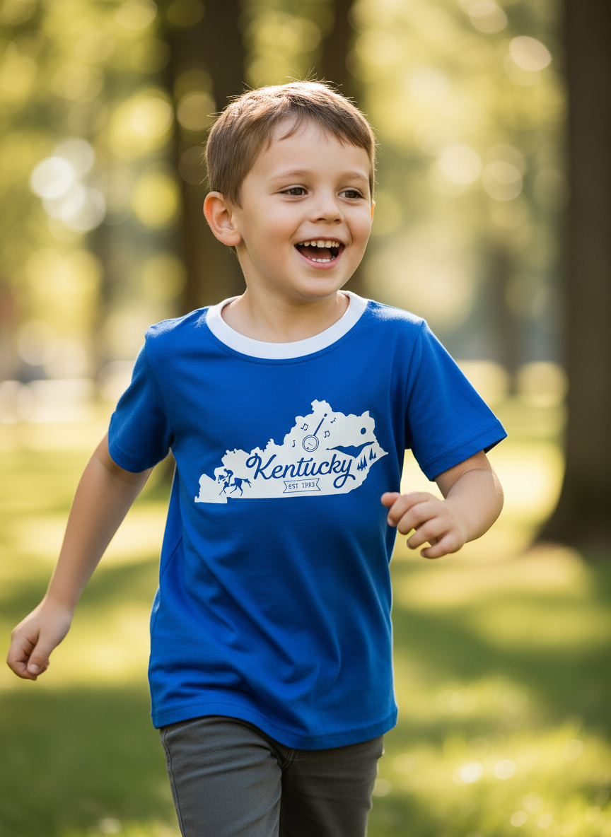 Kids' Kentucky Graphic Tee – State Outline Shirt with Icons & EST. 1792 Print