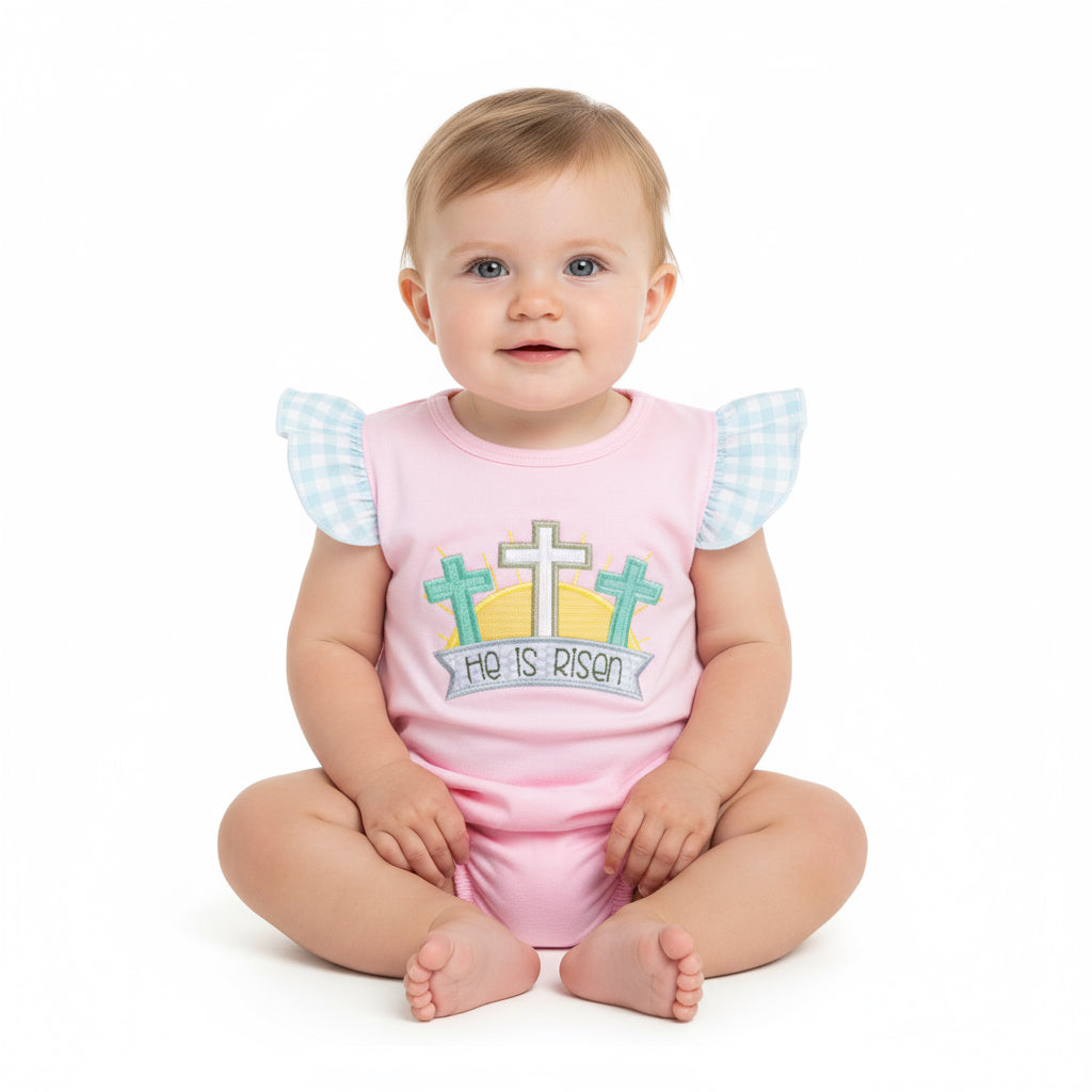 Girls He Is Risen Bubble Romper – Pink Easter Outfit with Cross & Sun Embroidery
