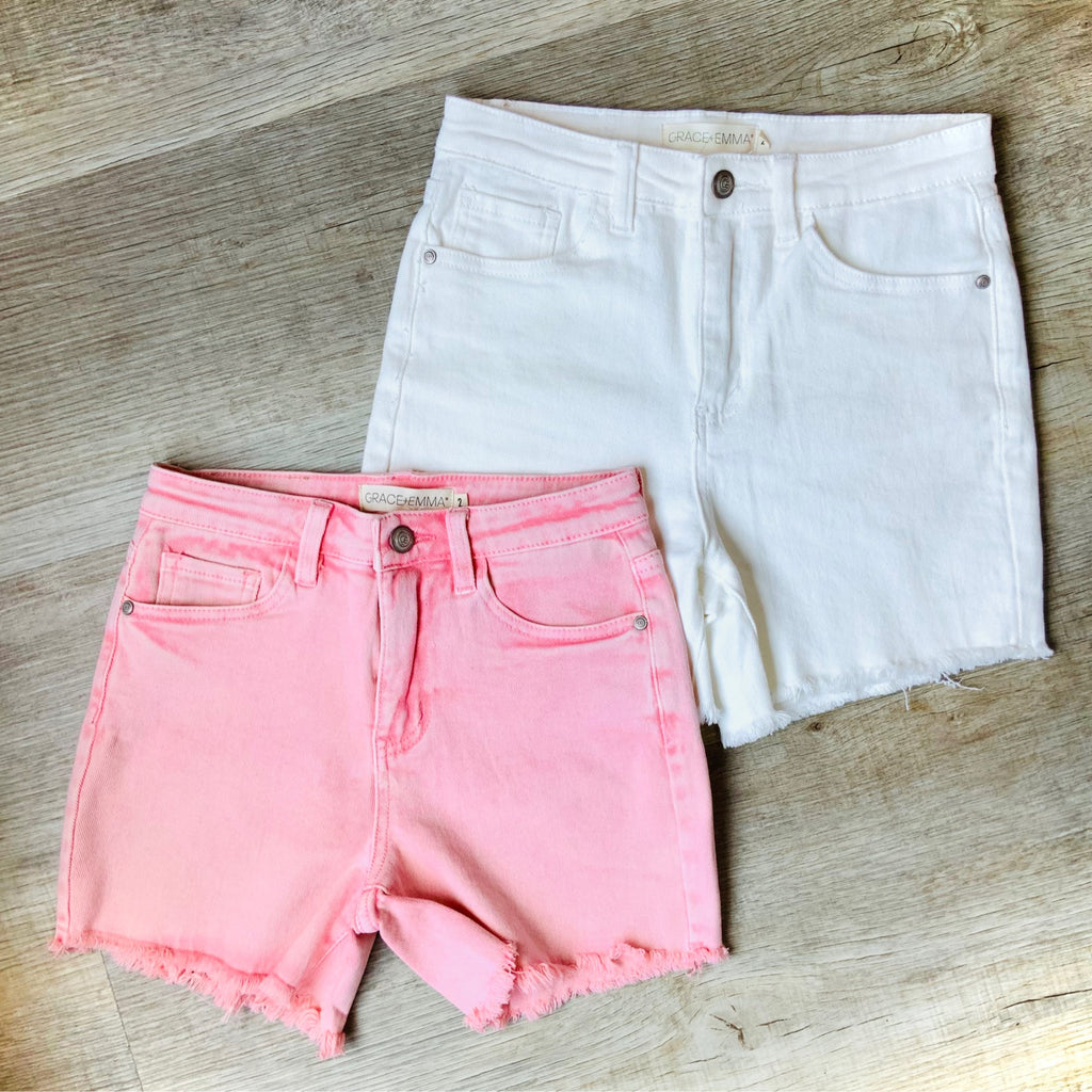 Girls Lola Distressed Denim Shorts – White & Pink Summer Cutoffs with Frayed Hem and Stretch Waist