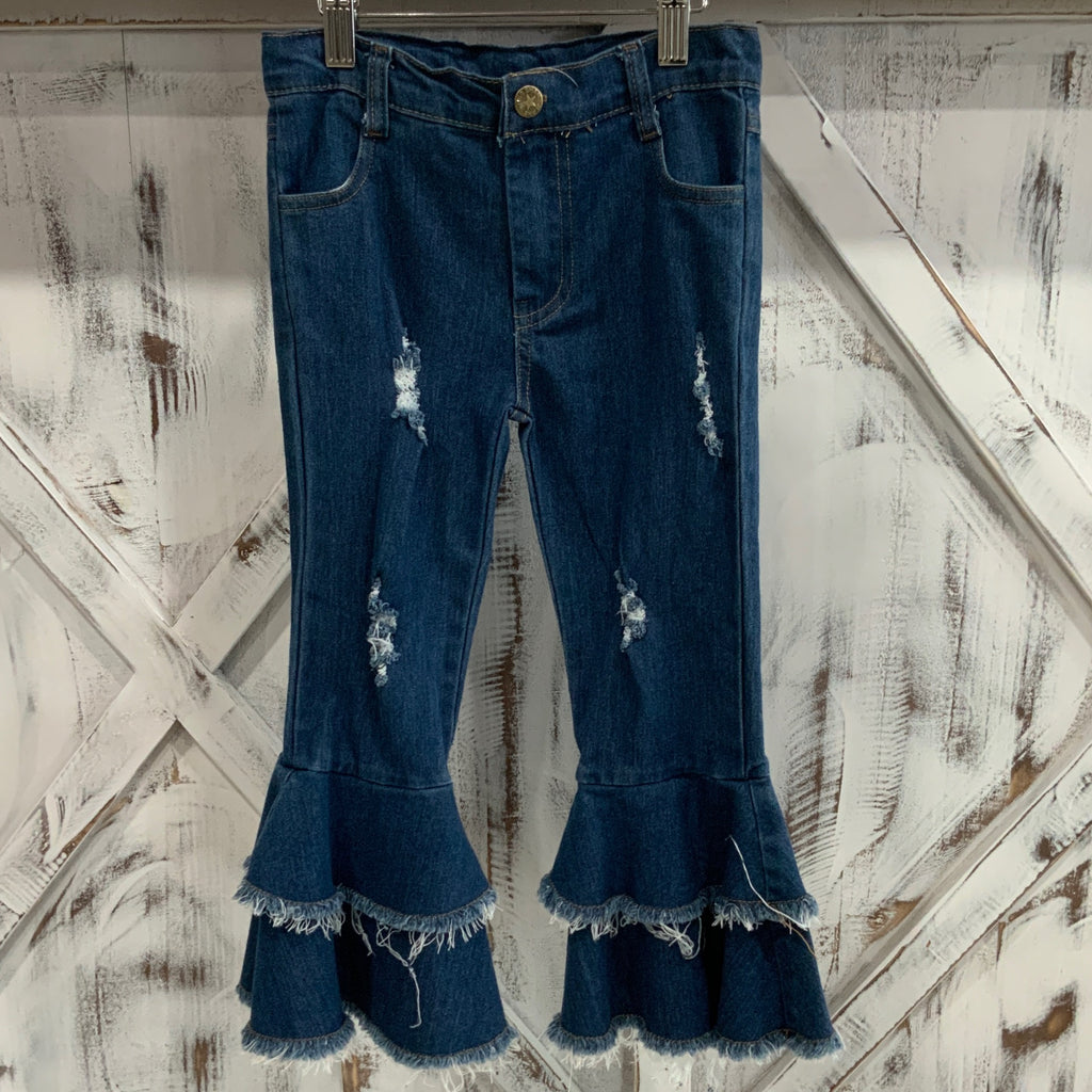 Girls’ Distressed Double Bell Bottom Jeans – Ruffled Flare Denim with Frayed Hem