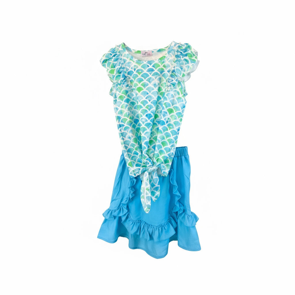 Girls Marvelous Mermaid Short Set – Scaled Ruffle Tie Top & Blue Ruffle Shorts