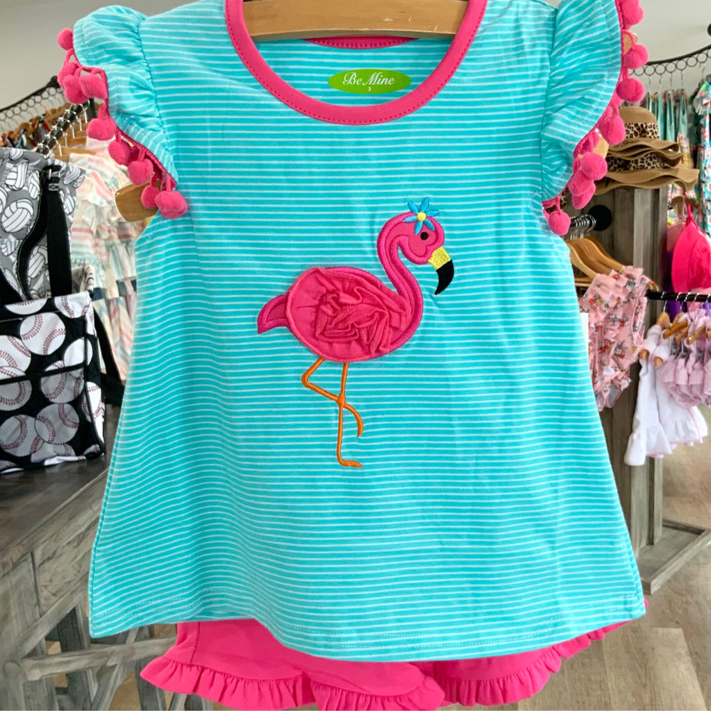 Girls Flamingo Ruffle Summer Set – Striped Pom-Pom Sleeve Top & Pink Shorts
