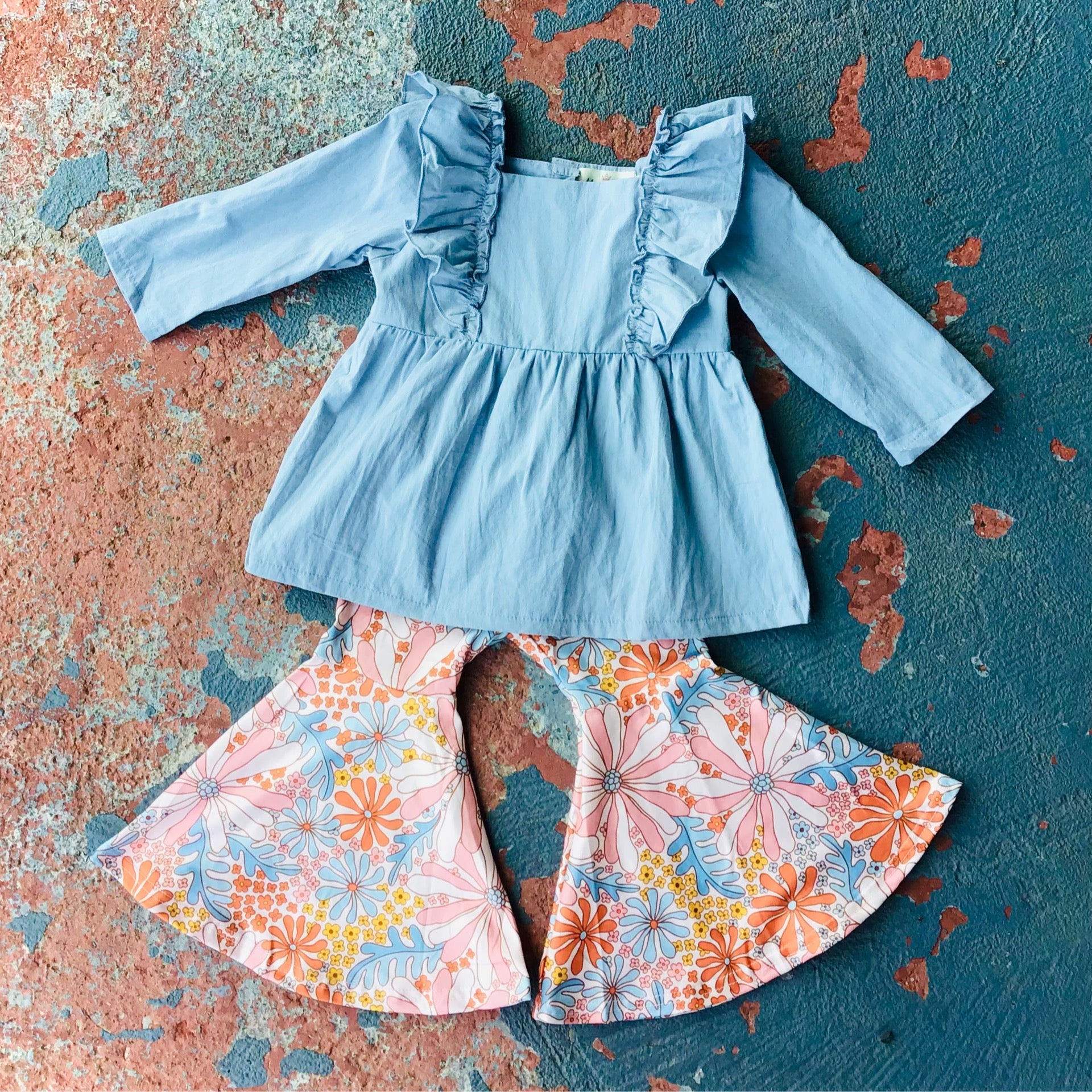 Girls Wildflower Bell Bottom Set – Light Blue Ruffle Top & Orange Floral Flare Pants