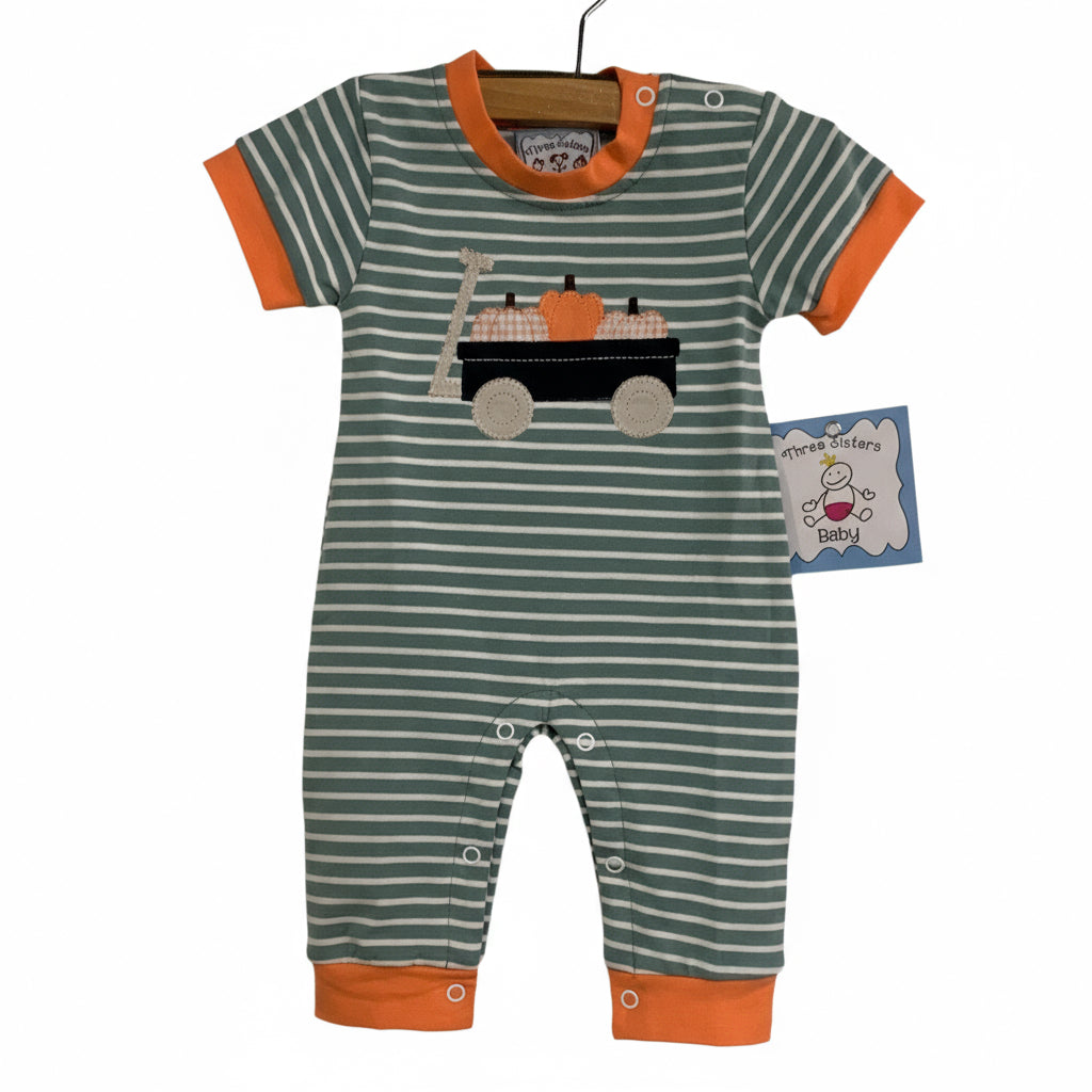 Pumpkin Wagon Baby Boy Romper – Green Stripe Fall Outfit with Truck & Pumpkin Appliqué