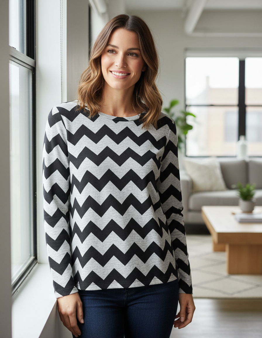 Women’s Black & White Chevron Print Top – Long Sleeve Geometric Pullover with Modern Edge