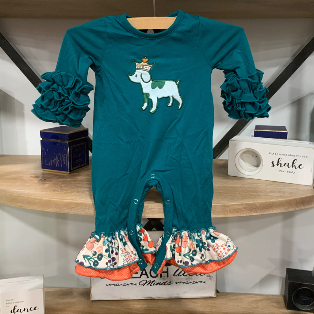 Girls Royal Pups Ruffle Romper – Teal Baby Outfit with Crowned Dog Embroidery & Floral Trim