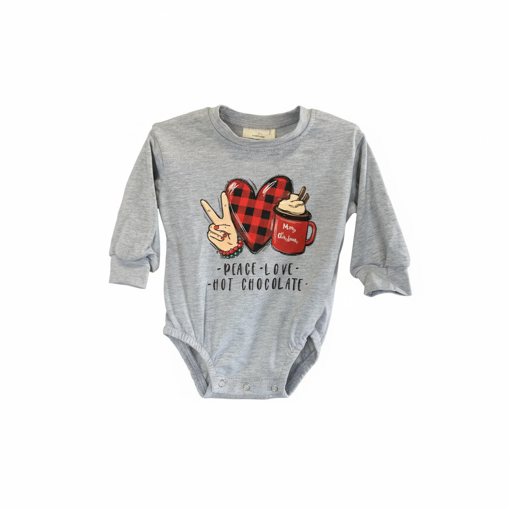 Peace Love Hot Chocolate Romper – Grey Christmas Crew Neck Baby Outfit