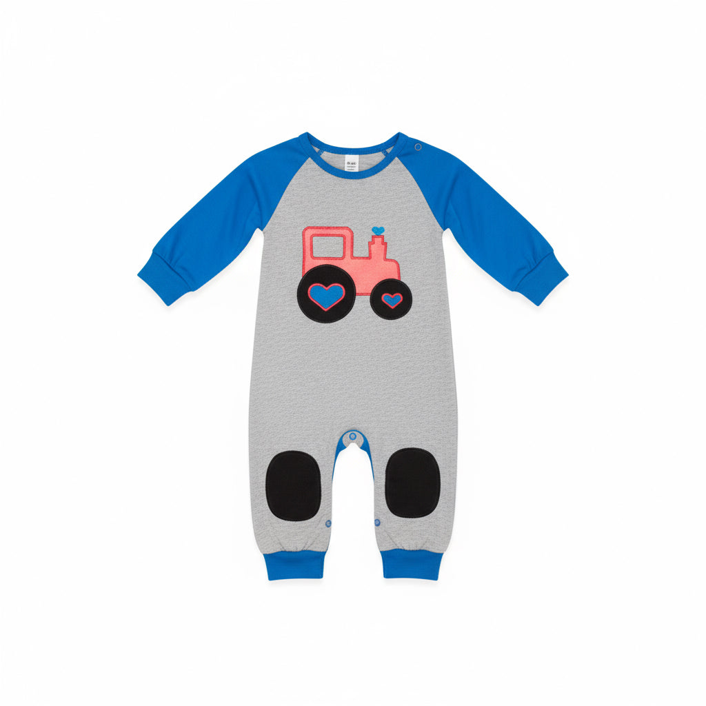 Boys Long Sleeve Valentine’s Tractor Romper – Heart Wheels & Blue Trim
