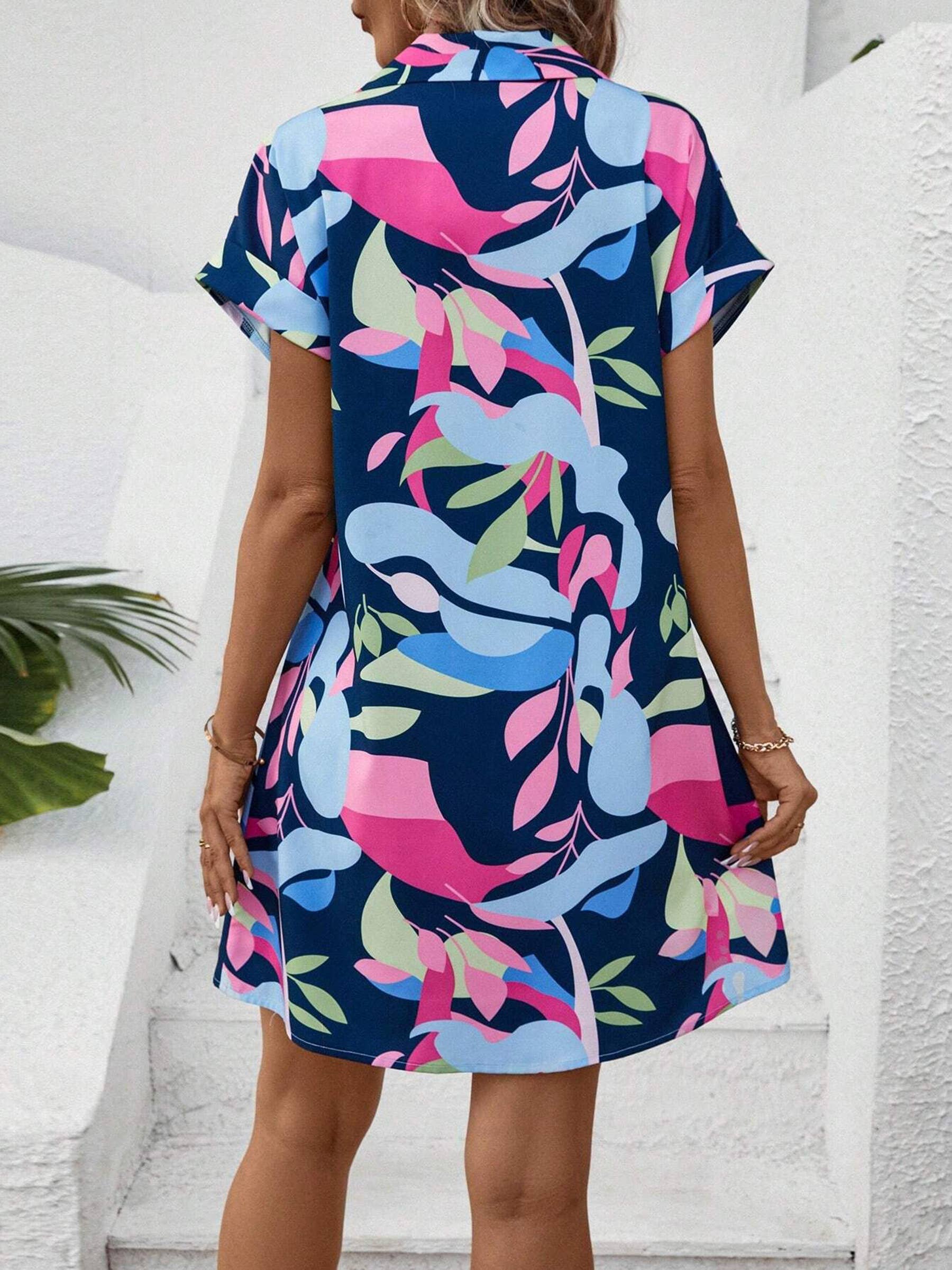 Colorful Floral Cardigan Short Sleeved Lining Dress
