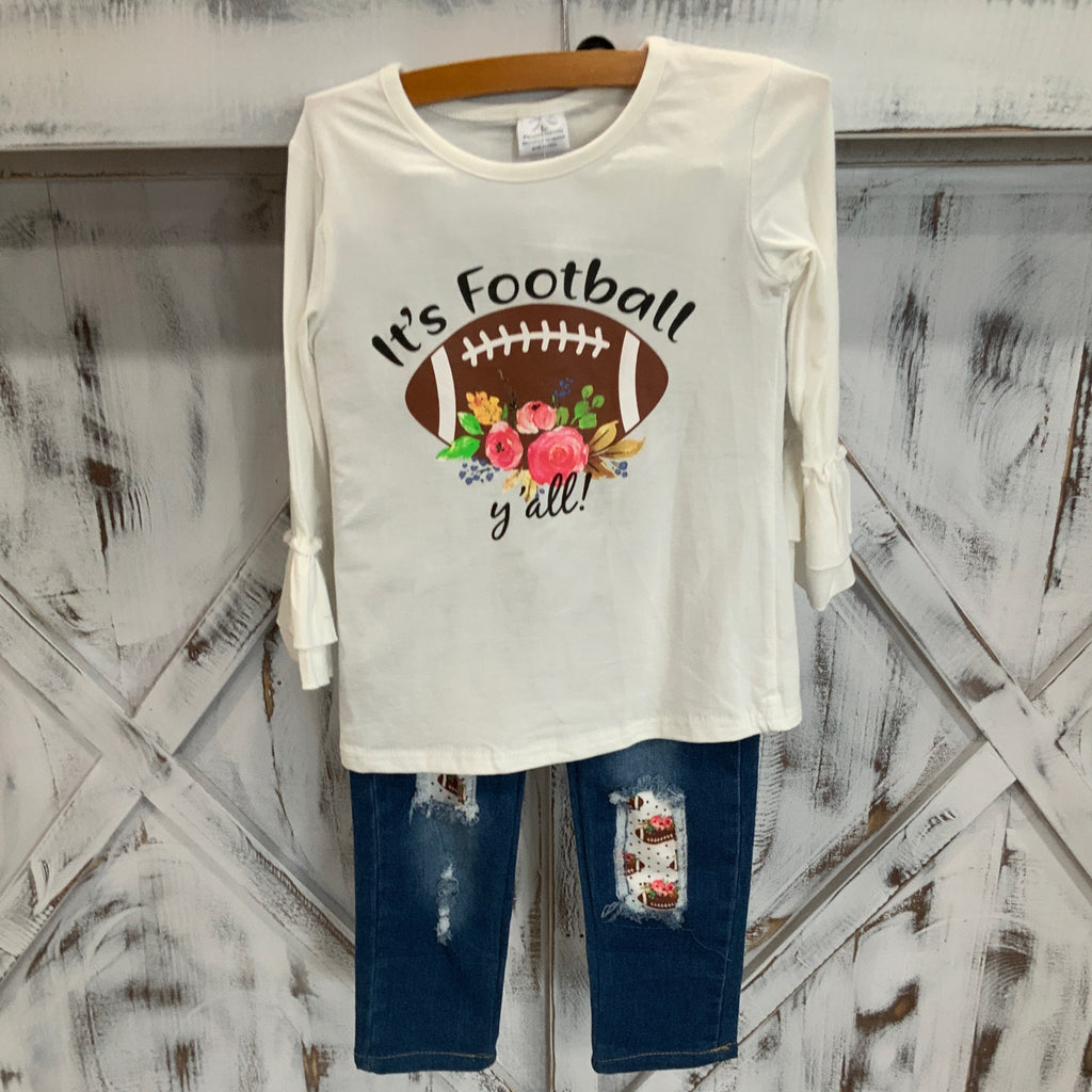 "Girls Football Season Jean Set – Ruffle Sleeve Top & Floral Patch Denim"
