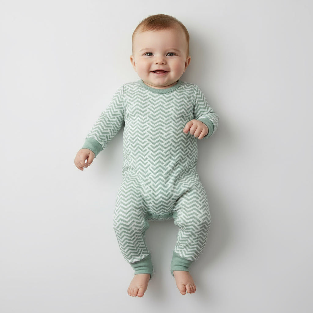 Light Sage Chevron Baby Pajamas – Soft Cotton Sleepwear with Cuffed Sleeves