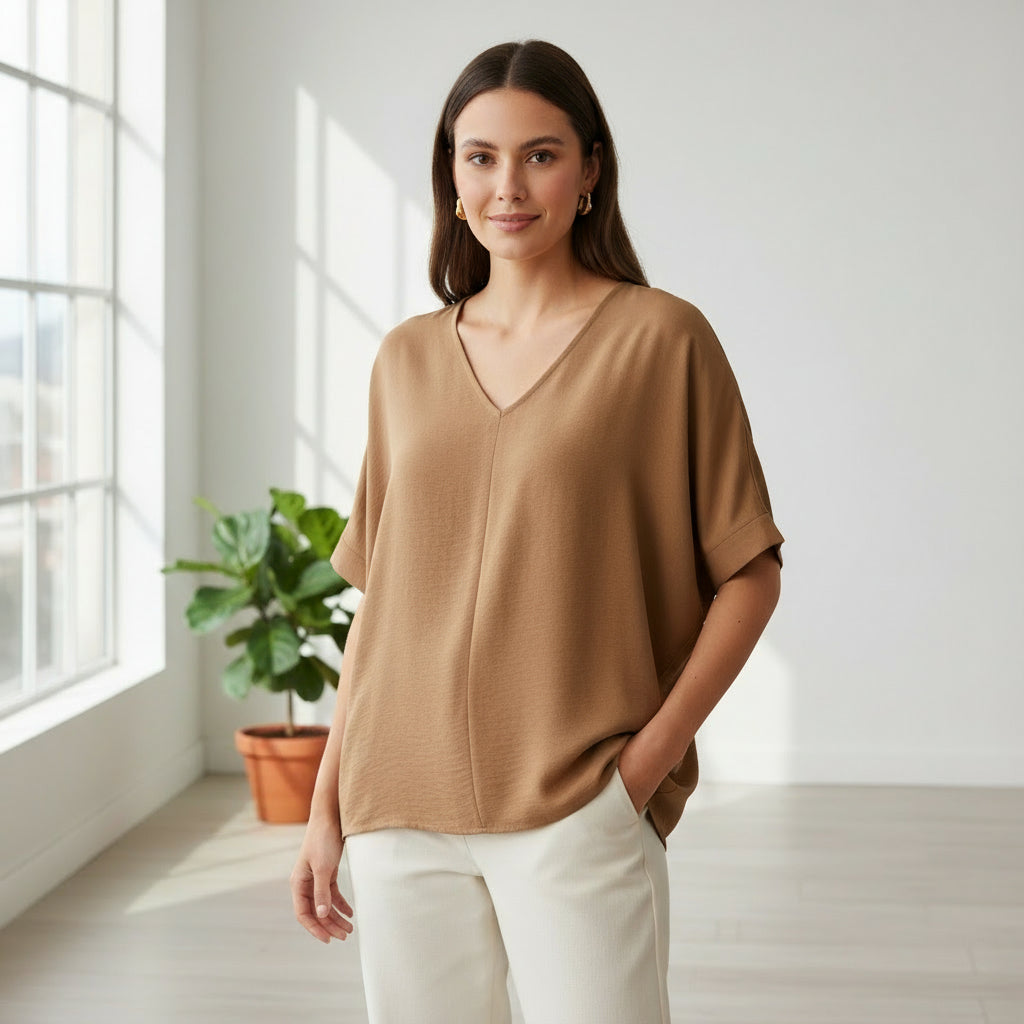Brown blouse on a hanger with a colorful background