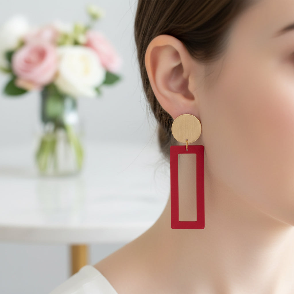 Geometric Drop Earrings – Colorful Rectangle & Gold Circle Statement Studs for Women’s Fashion
