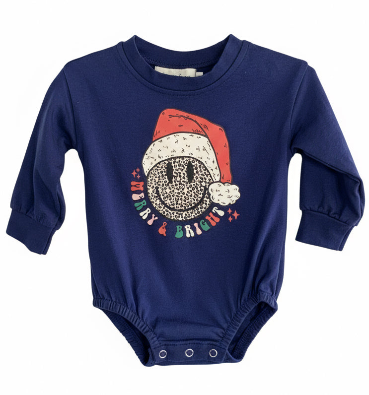 Baby Merry & Bright Crew Neck – Navy Holiday Sweatshirt with Leopard Smiley & Santa Hat