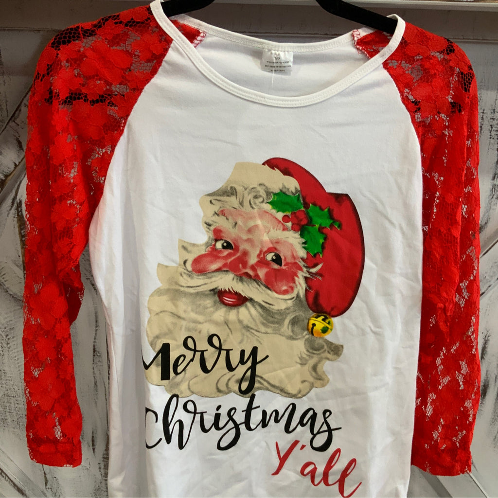 Merry Christmas Y’all Lace Sleeve Shirt – Vintage Santa Graphic Holiday Top for Women