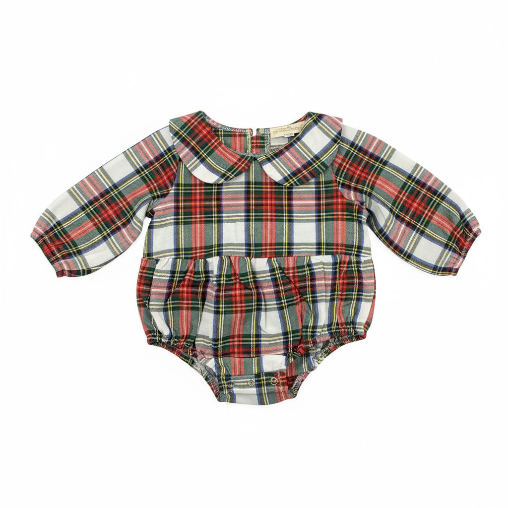 Girls Holiday Plaid Bubble Romper – Classic Winter Peter Pan Collar Outfit