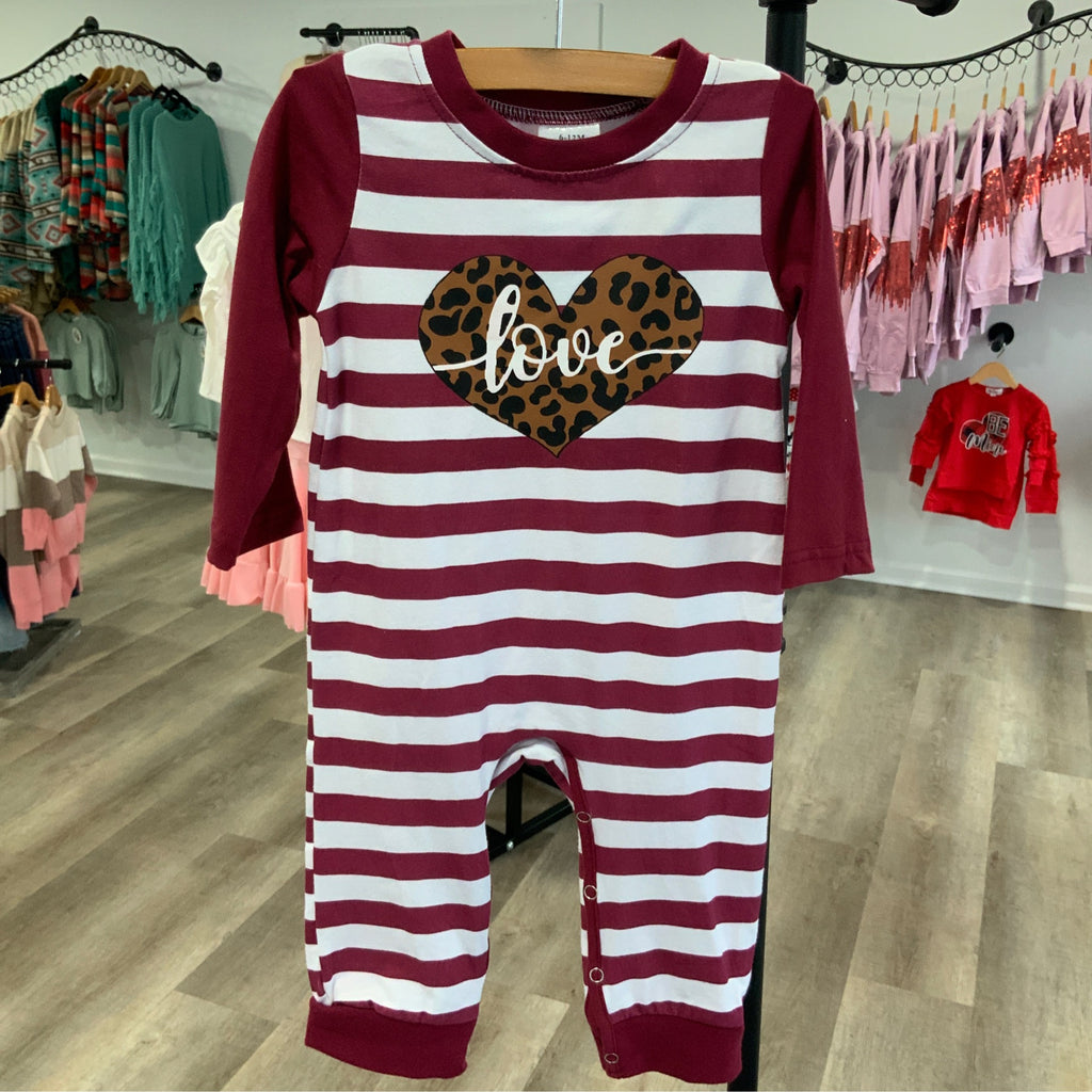 Girls Leopard Heart Valentine Romper – Maroon Stripe Baby Outfit with “Love” Appliqué