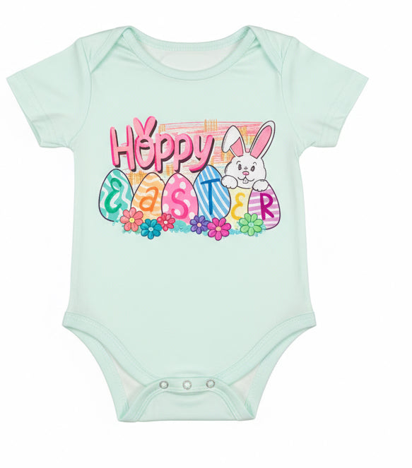 Mint green baby onesie with 'Happy Easter' text and bunny design on a white background