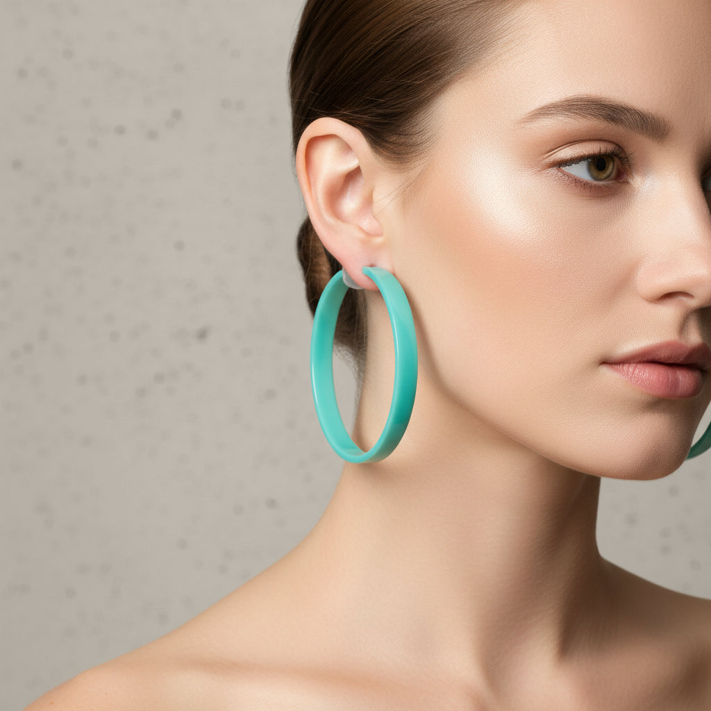 Turquoise hoop earrings on a display card with 'LINNY CO' branding.