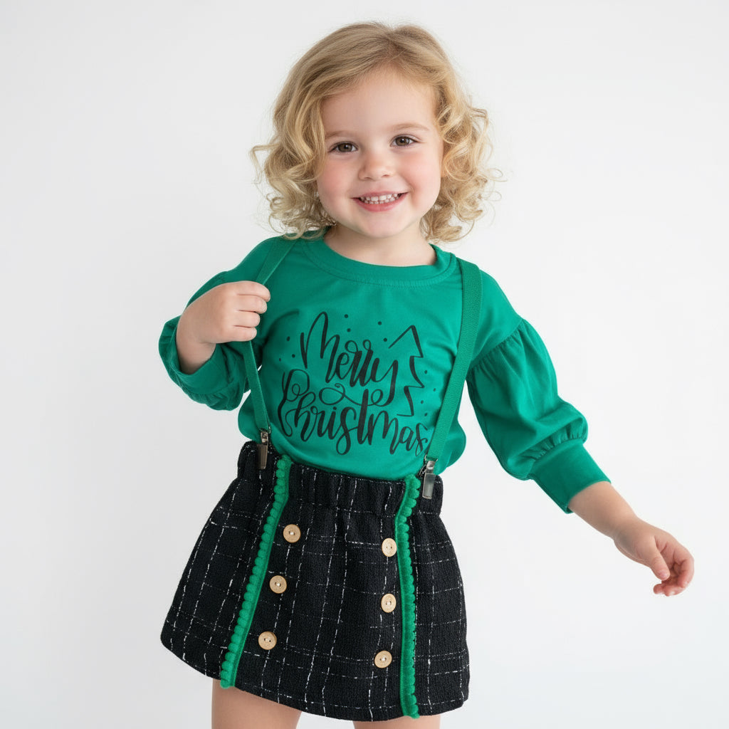 Girls Merry Christmas Bouclé Skirt Outfit – Green Puff Sleeve Top & Black Plaid Suspender Skirt