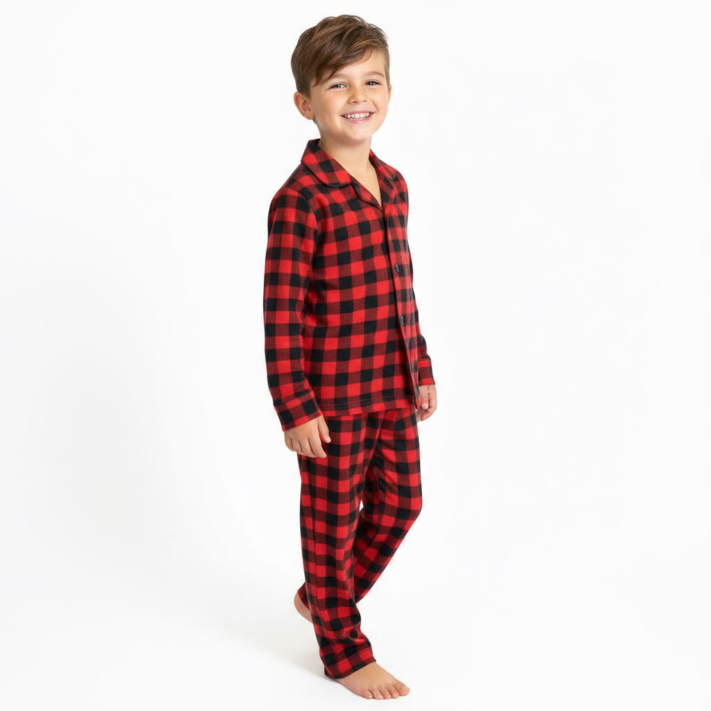 Boys Buffalo Plaid Pajama Set – Red & Black Checkered Button-Up Sleepwear for Winter & Holidays