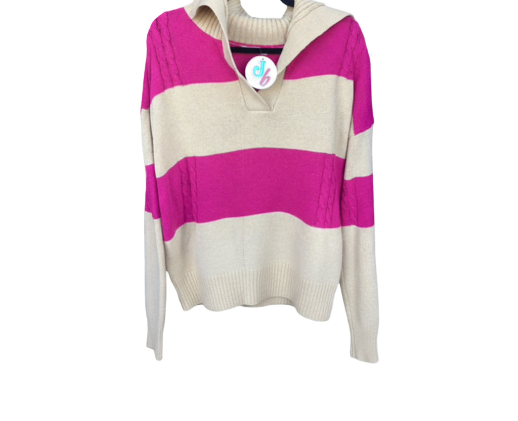 Girls Fuchsia Colorblock V-Neck Sweater – Soft Knit Pullover with Pink & Beige Stripes