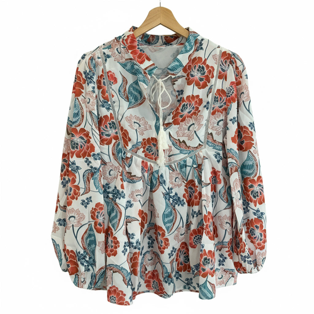 Tassel Floral Boho Top White