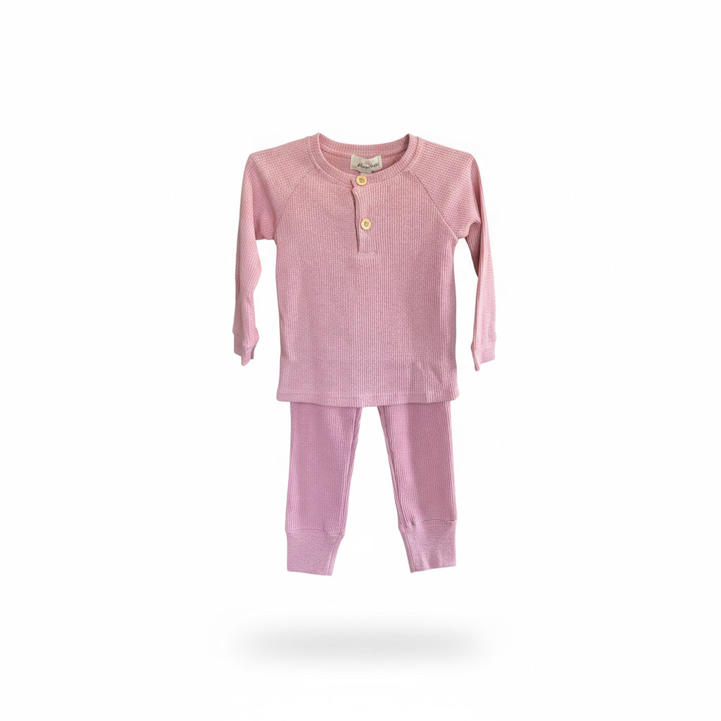 Girls Pink Waffle Knit Lounge Set – Cozy Long Sleeve Top & Jogger Pants