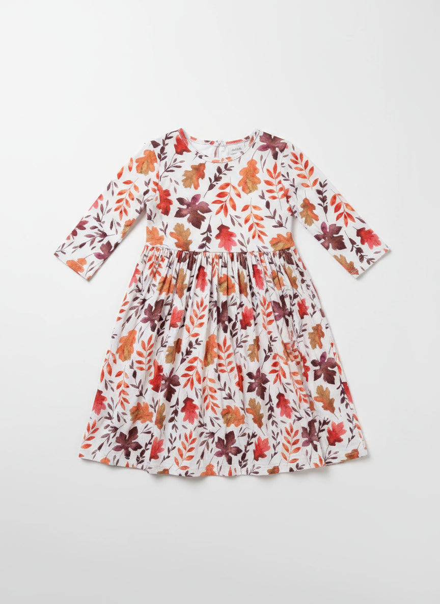 Girls' Autumn Twirl Dress – Falling Leaves Print in Lightweight Stretch Fabric