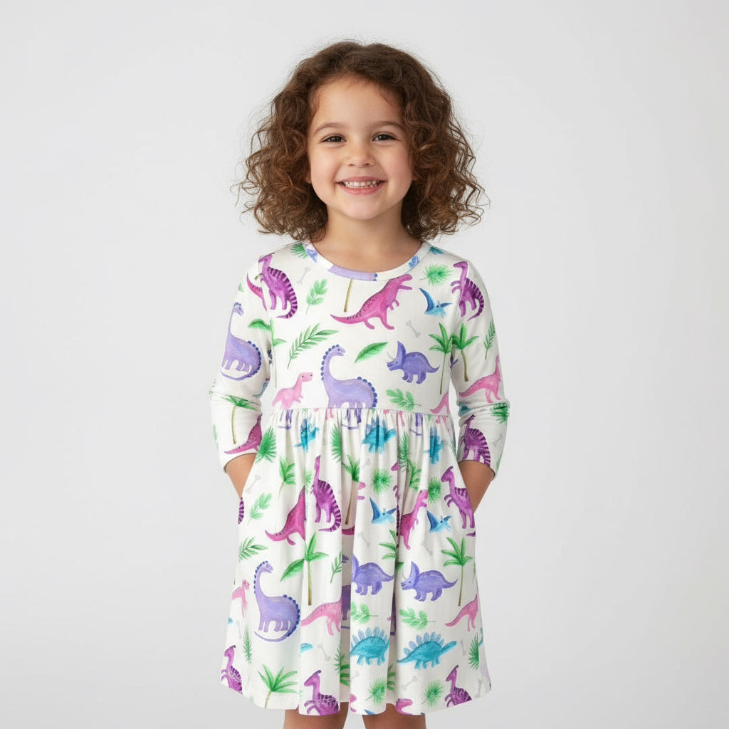 Girls Dino Darling Twirl Dress – Colorful Dinosaur Print Long Sleeve Dress for Toddlers