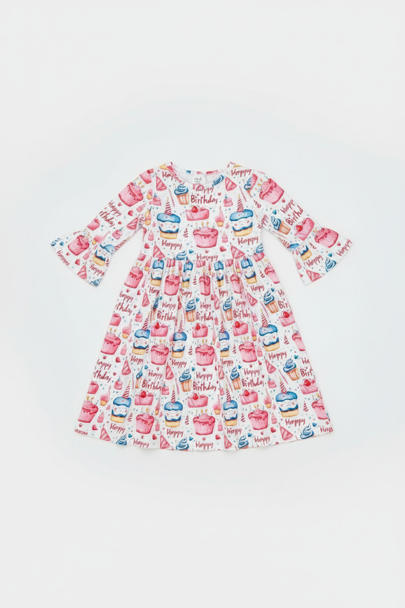 Girls' Birthday Twirl Dress – Cupcake & Party Print for Celebrations