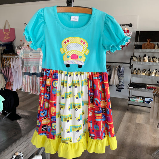 School Bus Patchwork Puff Sleeve Dress