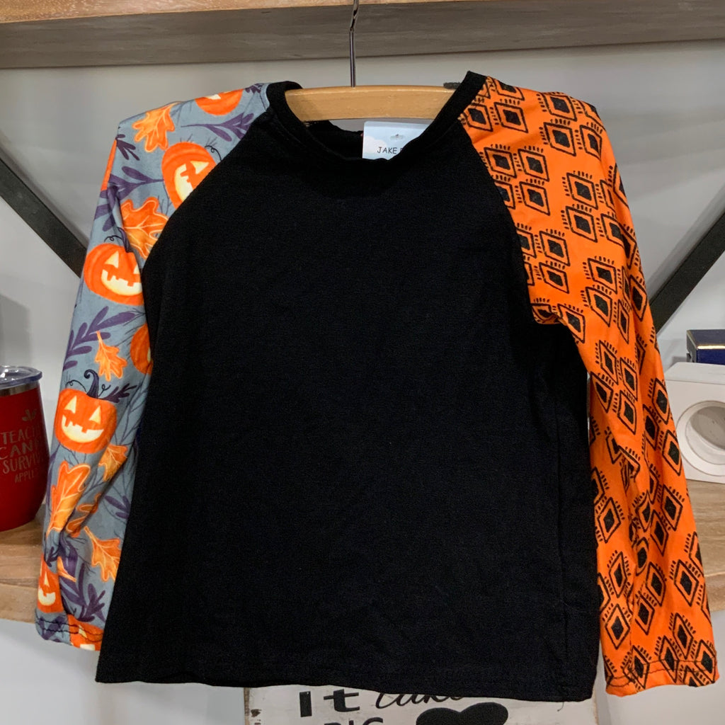 Boys Pumpkin Patch Halloween Shirt – Black Long Sleeve Tee with Mixed Print Sleeves & Fall Graphics