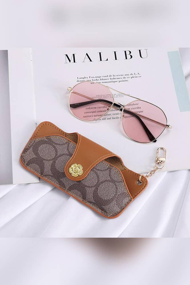 Monogrammed PU Leather Sunglasses Case – Brown Travel Eyewear Holder with Gold Clasp (MOQ 5pcs, ZK1357)