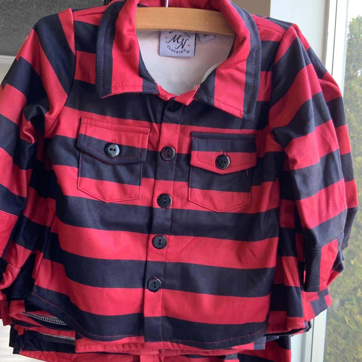 Red & Black Stripe Pocket Button Up