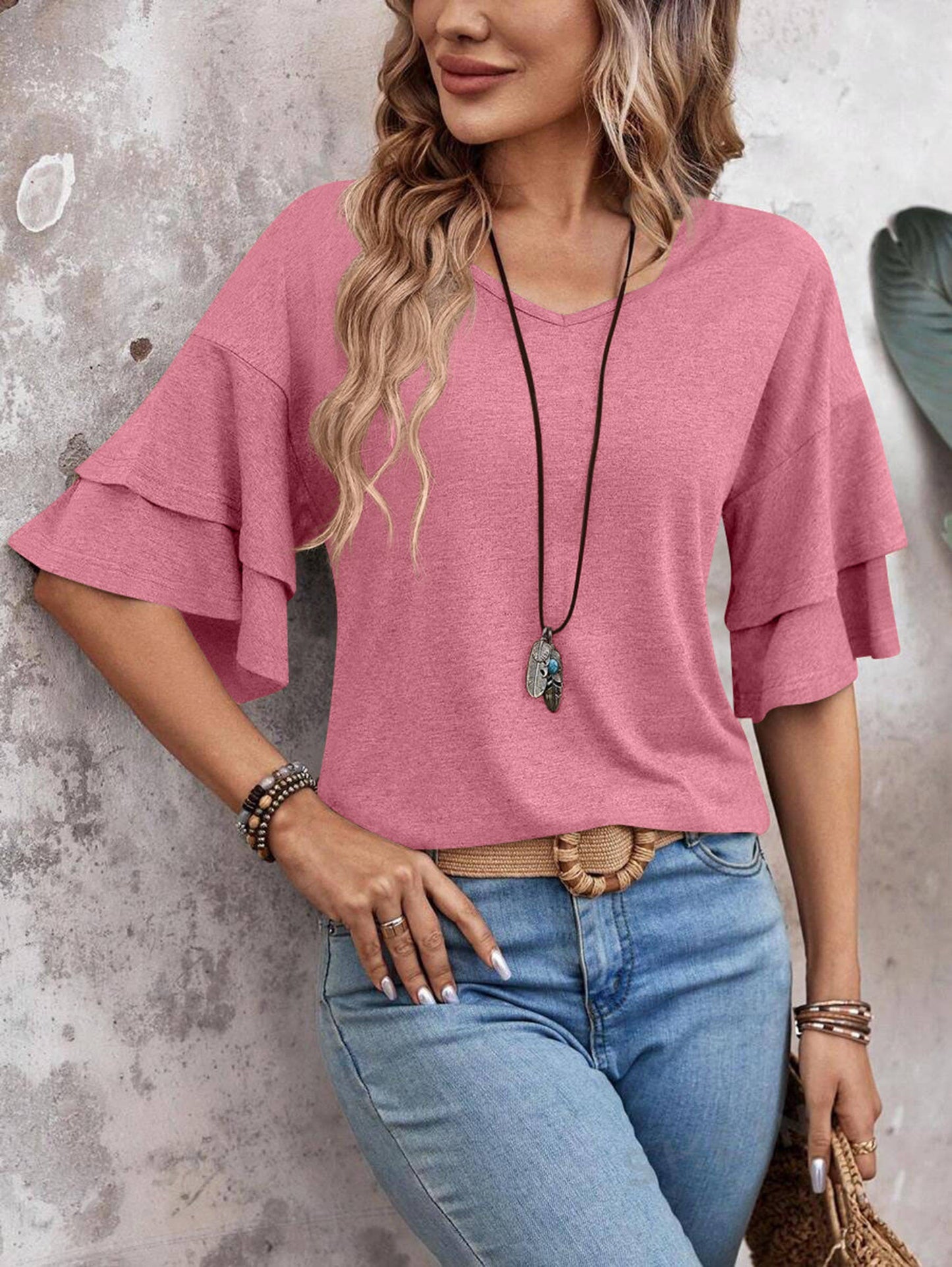 Solid Color V-neck Double-layer Sleeve Short Sleeved Top