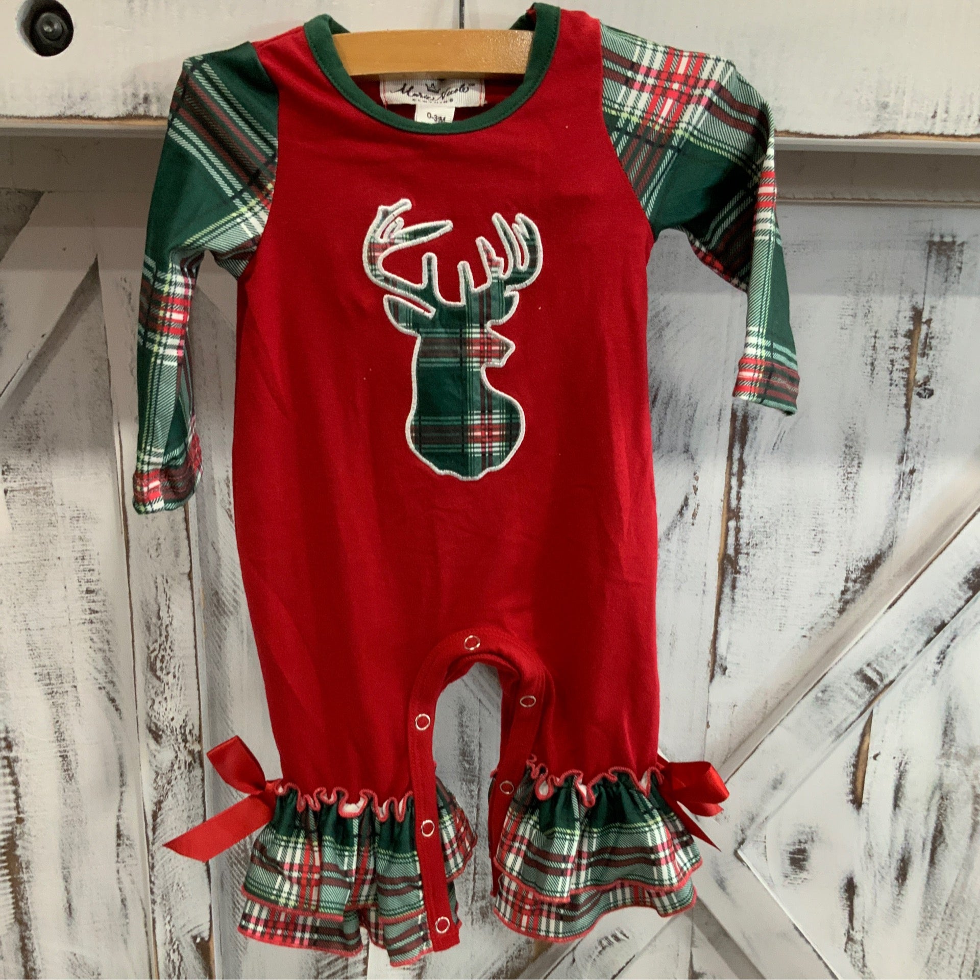 Girls Reindeer Plaid Christmas Romper – Red Ruffle Cuffs & Hunter Green Holiday Outfit