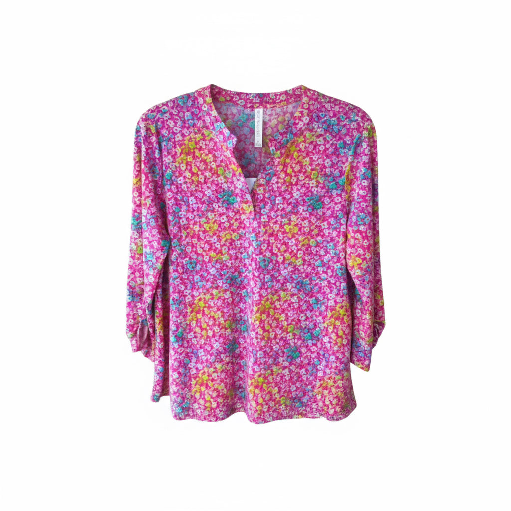 Women’s Lizzy Floral V-Neck Top – Pink & Aqua Long Sleeve Blouse with Lightweight Drape